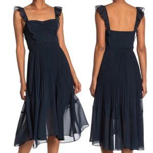 Club Monaco Navy Blue Mid-Length Dress with Ruffle Straps and flouncy skirt